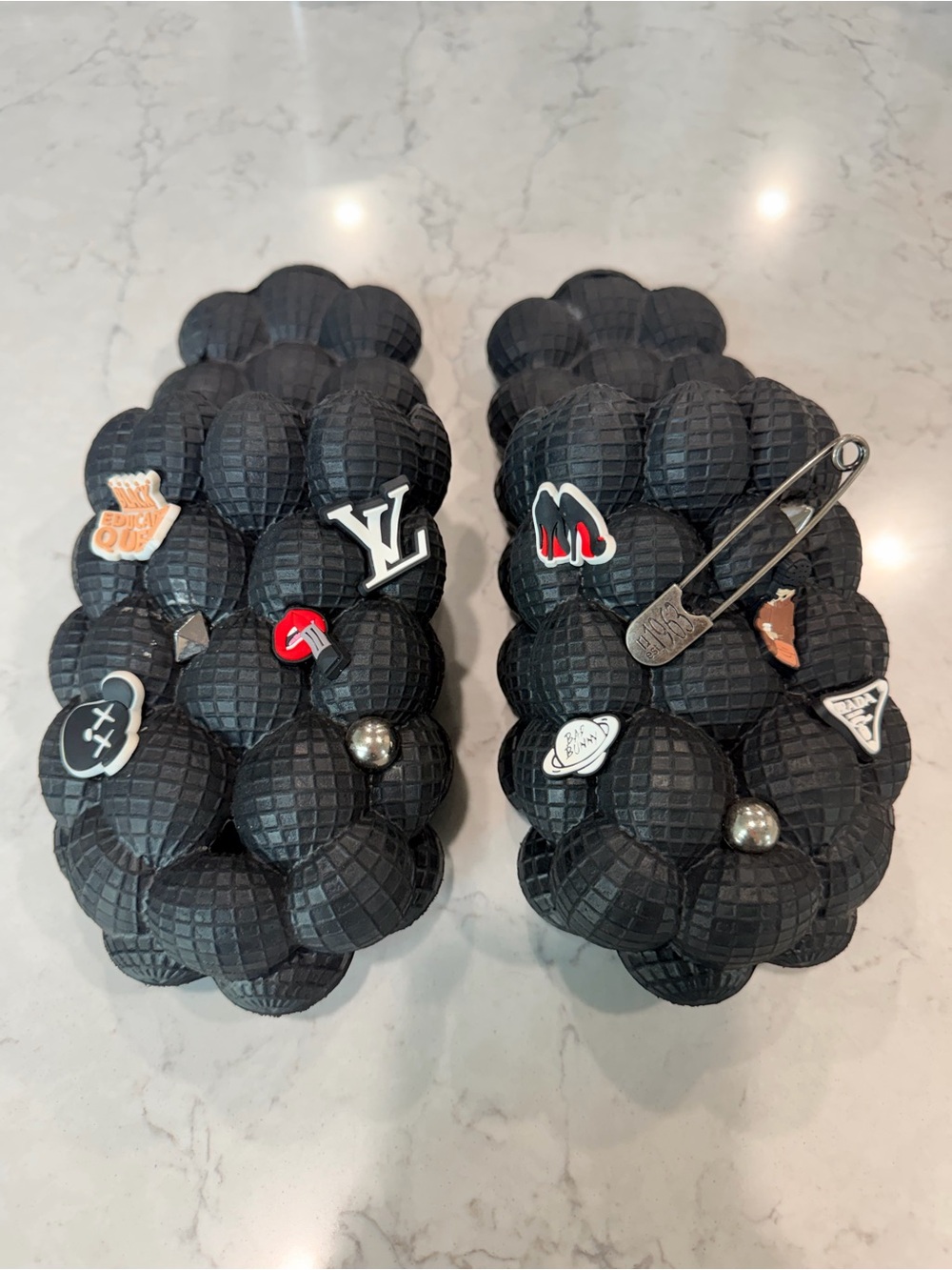 EVA Massage Black Bubble Slide Sandals with Luxury Decorative Charms